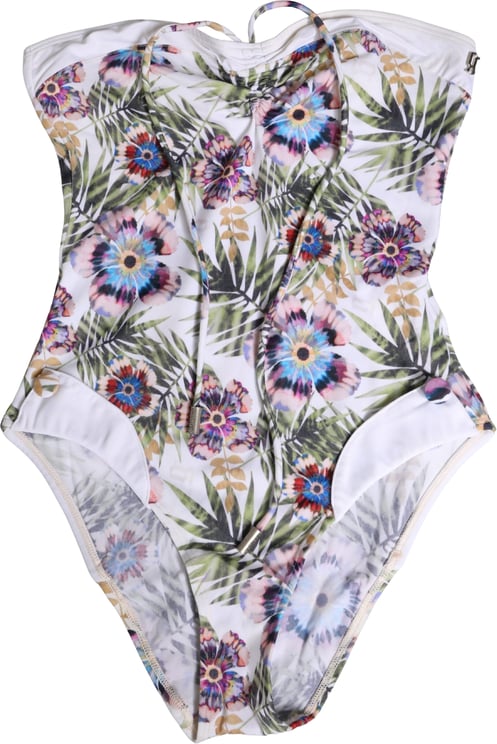 Galliano John Galliano White Floral Print Strapless One-Piece Swimsuit Swimwear