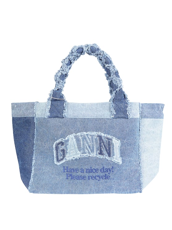 Ganni Patchwork Denim Frayed Edges Tote Bag