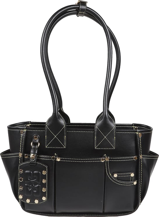 Ganni Structured Black Handbag with Contrasting White Stitching