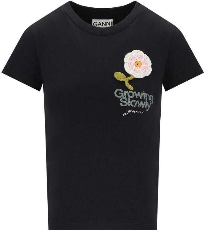 Ganni GANNI BABY FIT CROCHET ANTHRACITE GREY T-SHIRT