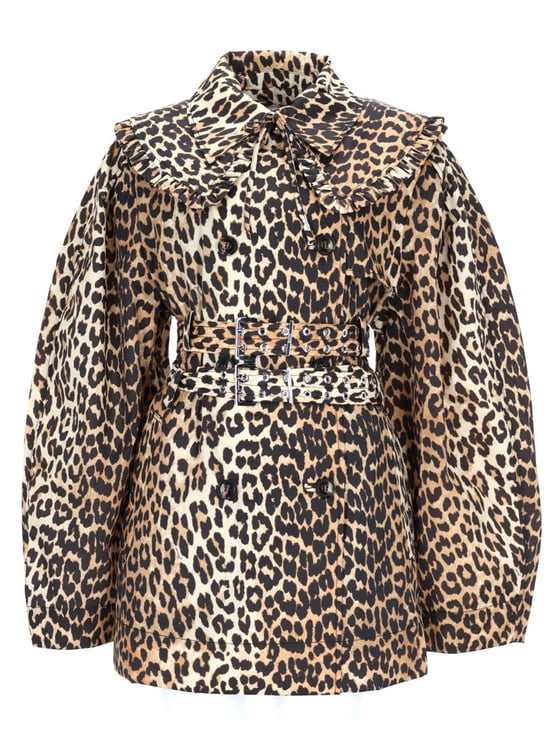 Ganni Short Leopard Print Ruffle Trim Trench Coat