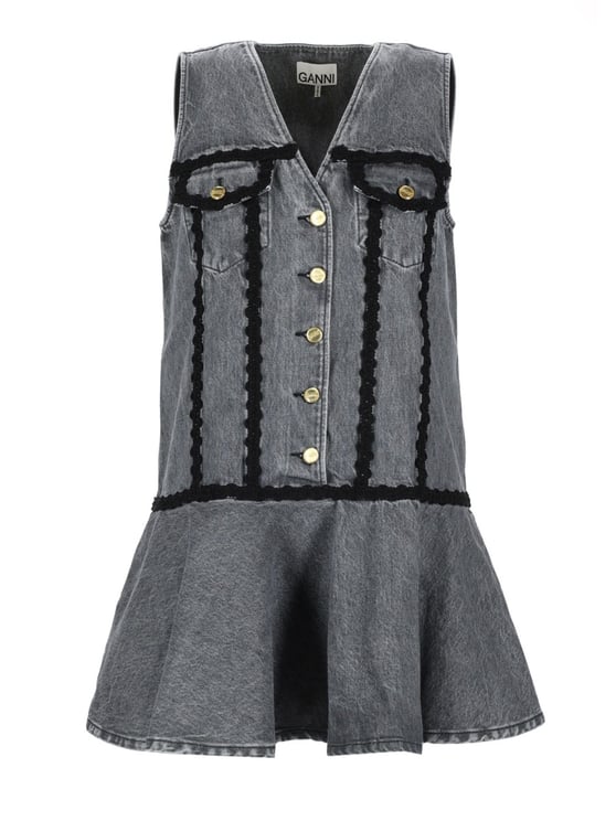Ganni Washed Grey Gold Buttons Mini Dress