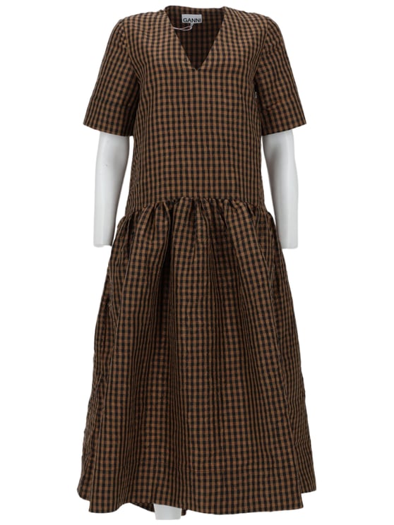 Ganni Brown Check Gathered Waist Day Dress