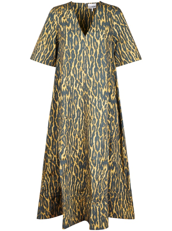 Ganni Animal Print A-line Maxi Dress with Flared Silhouette