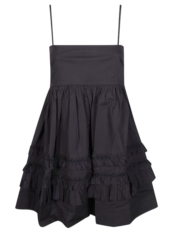 Ganni Black Layered Ruffle Spaghetti Strap Mini Dress