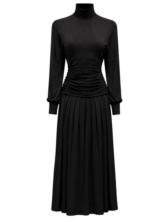 Ganni High-Neck Ruched Bodice Pleated Midi Dress