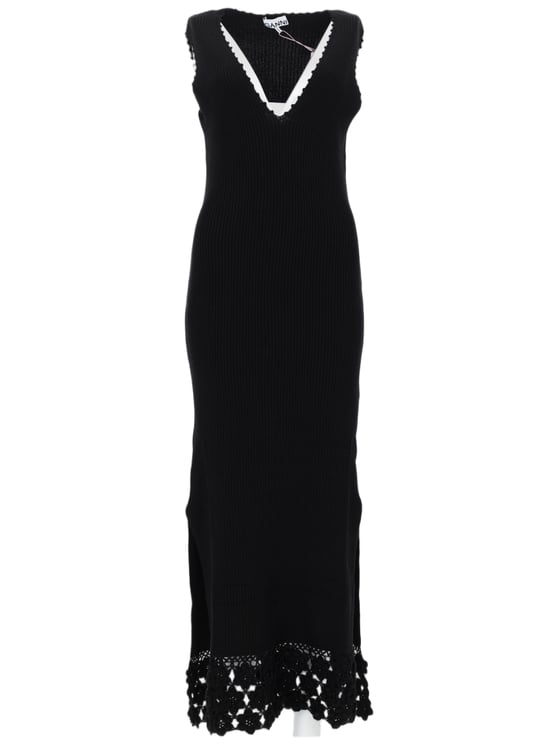 Ganni Ribbed Knit V-Neck Crochet Dress
