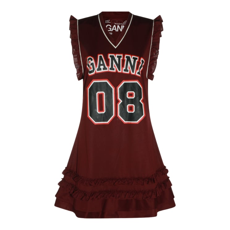 Ganni Deep V-Neck Dress With Ruffled Trim And Bold Graphics