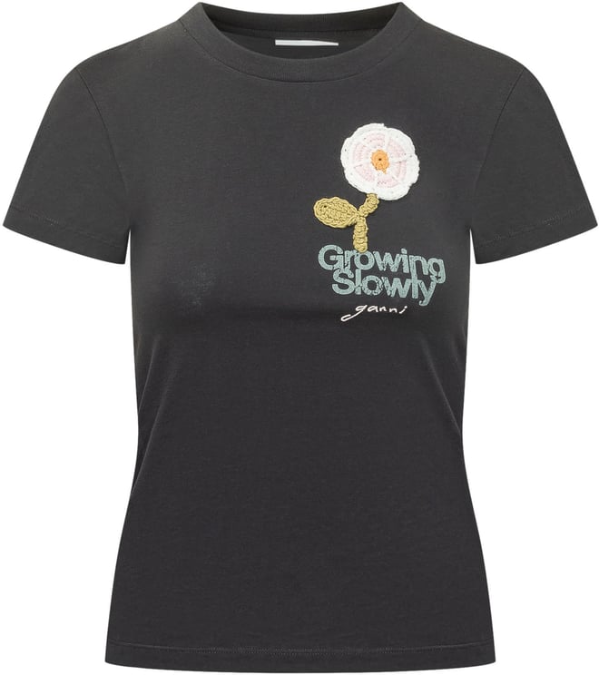 Ganni T-shirt con Ricamo Floreale e Stampa