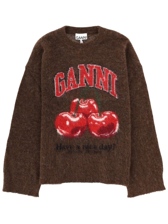 Ganni Relaxed Fit Wool Sweater with Bold Cherry Graphic