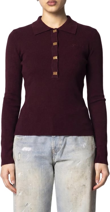 Ganni MINI RIBBED MERINO POLO RED DAHLIA