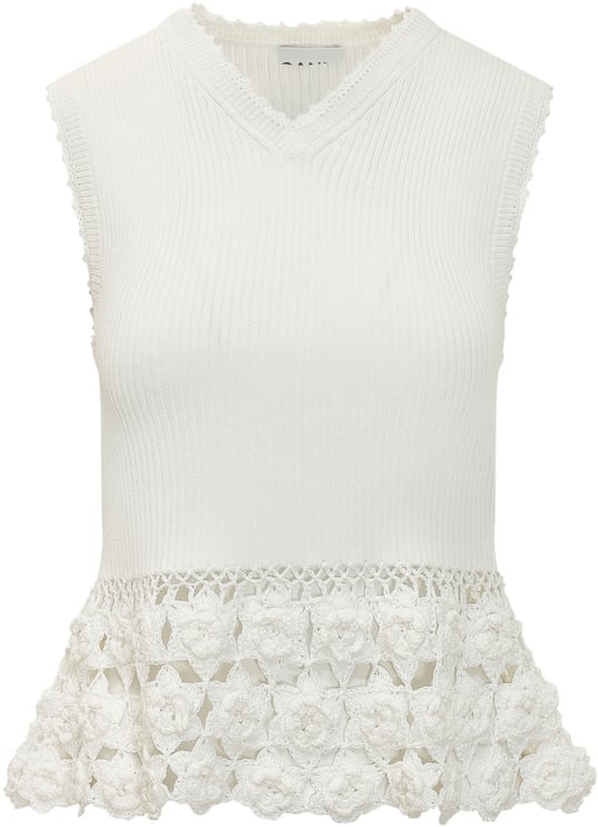 Ganni Top in Maglia a Coste con Inserto Crochet Floreale