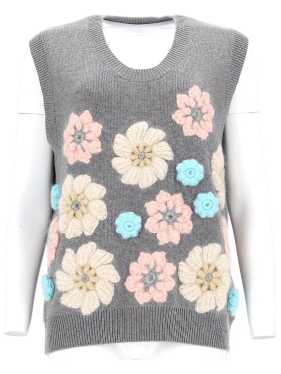 Ganni Grey Textured Floral Appliqués Knit Vest
