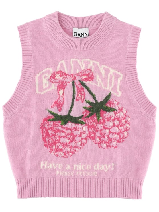 Ganni Raspberry Graphics Ribbed Edges Knit Vest