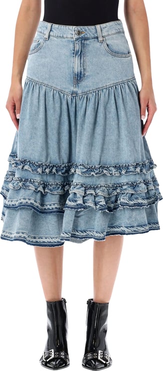 Ganni Denim Frill Midi Skirt Blu