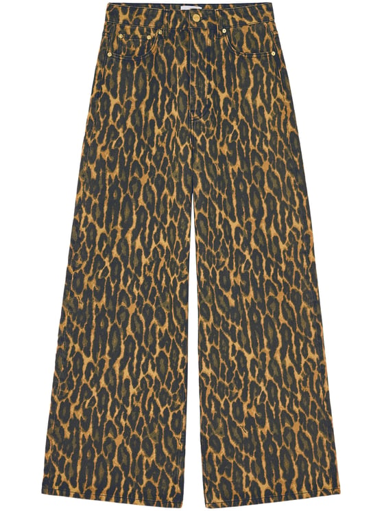 Ganni Animal Print Denim Baggy Jeans with Five-Pocket Design