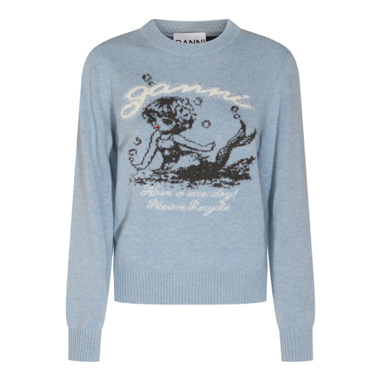 Ganni Light Blue Knit Sweater With Mermaid Graphic Design