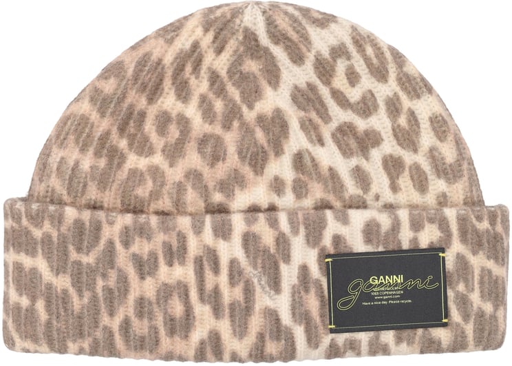 Ganni Leopard Beanie Marrone