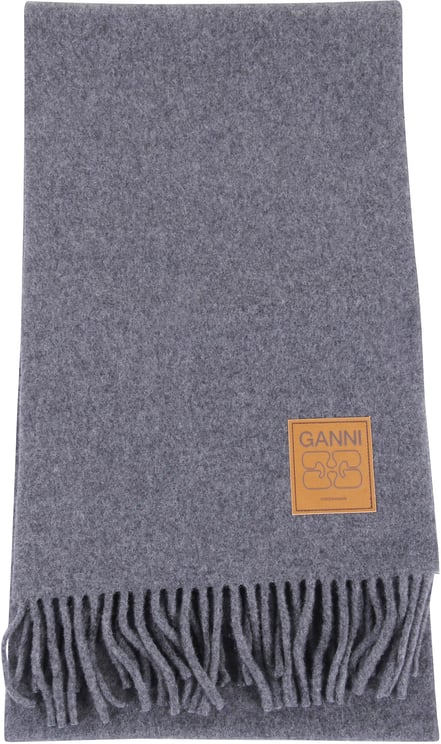 Ganni Fringed Wool Scarf With Logo Detail