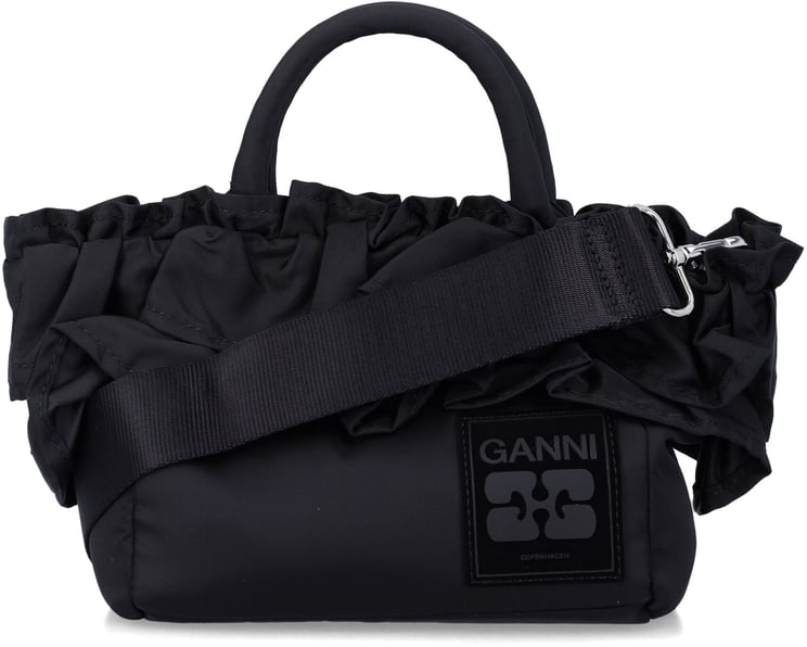 Ganni Ganni Black Nylon Ruffled Top Handle Bag