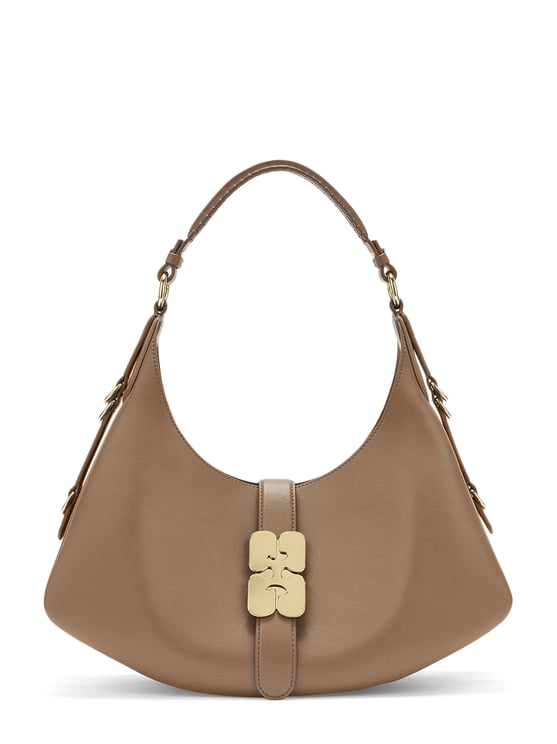 Ganni Curved Brown Handbag with Gold-Tone Accents