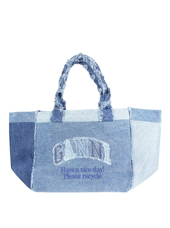 Ganni Xxl Patchwork Denim Frayed Tote Bag