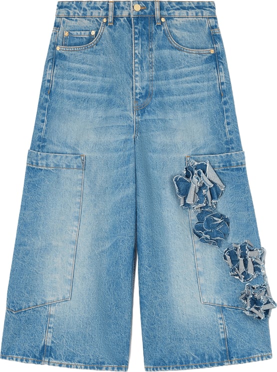 Ganni Flower Denim Cropped Baggy Cargo Jeans
