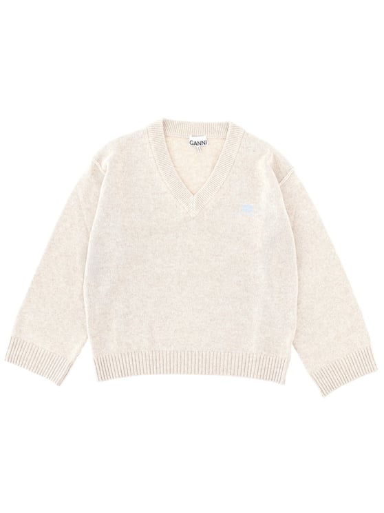 Ganni Textured Knit V-Neck Logo Sweater
