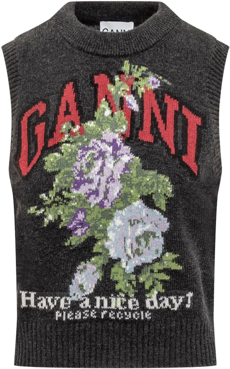Ganni Gilet Ganni in Lana con Fiori e Logo