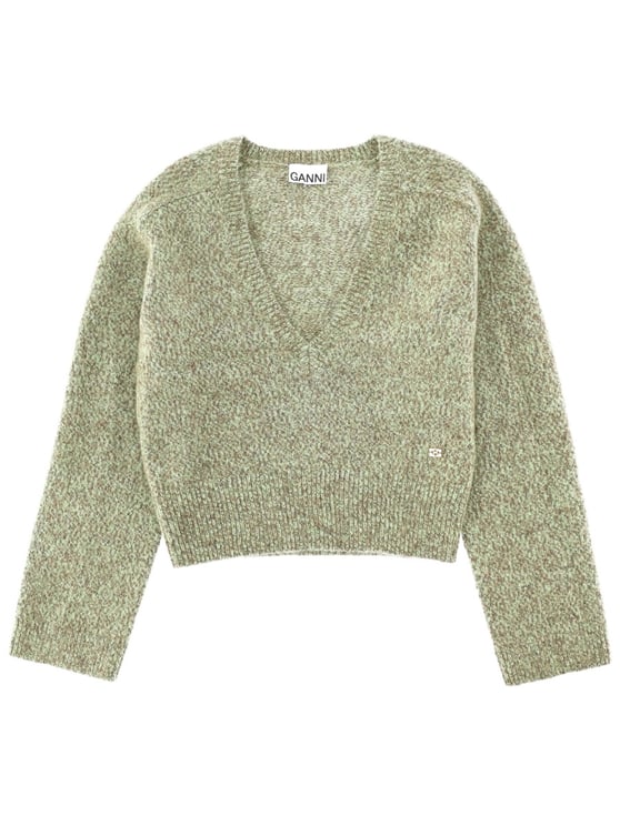 Ganni Green Cropped V-Neck Sweater