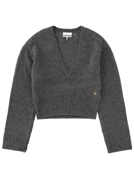 Ganni Charcoal Cropped V-Neck Sweater