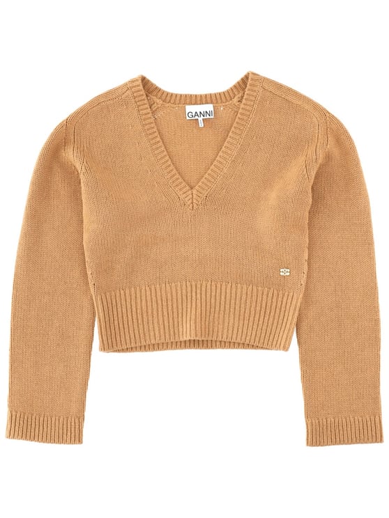 Ganni Beige Cropped V-Neck Sweater
