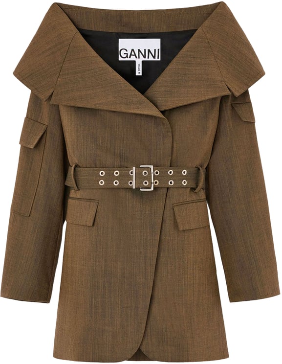 Ganni Light Wool Melange Open Collar Blazer