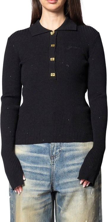 Ganni FINE SEQUIN POLO BLACK