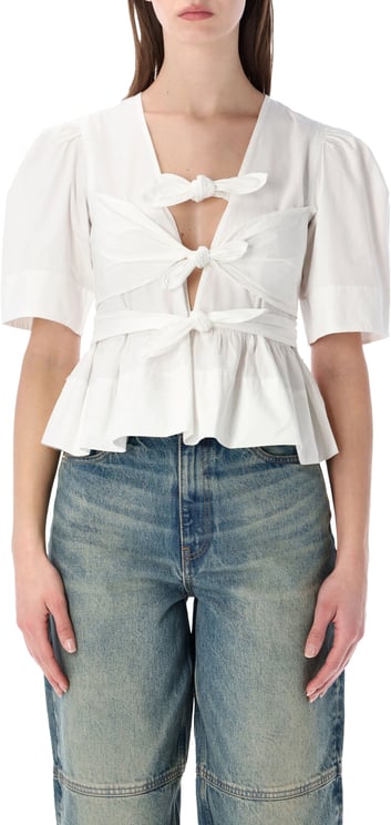 Ganni Ganni washed cotton tie-front blouse