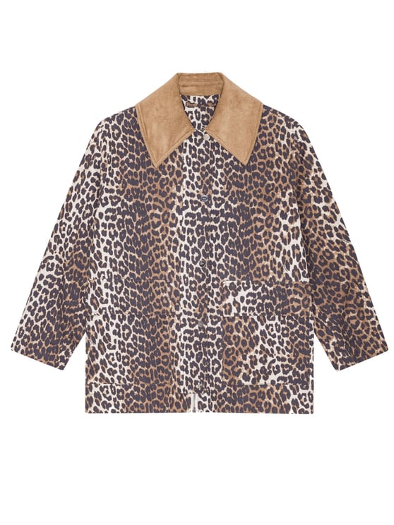 Ganni Leopard Print Hemp-Blend Midi Jacket