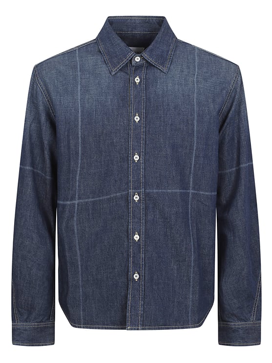 Givenchy Indigo Blue Long-Sleeved Denim Shirt with Leather Detail