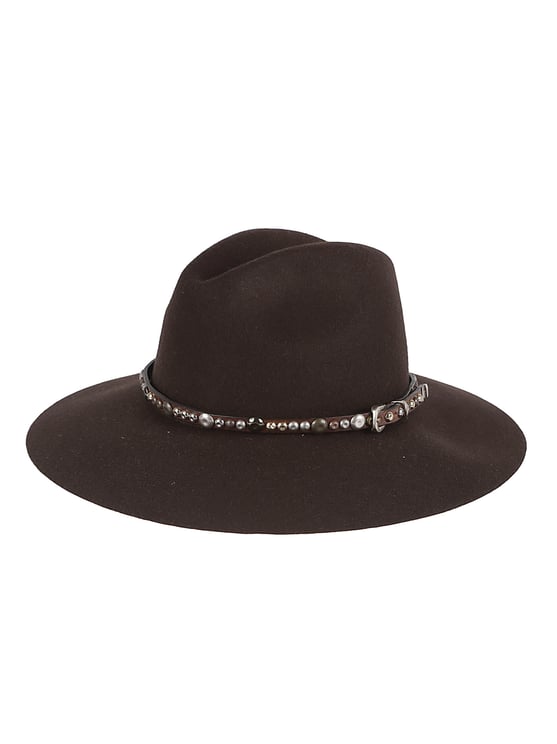 Golden Goose Wide-Brimmed Wool Hat with Studded Leather Strap and Vintage Buckle