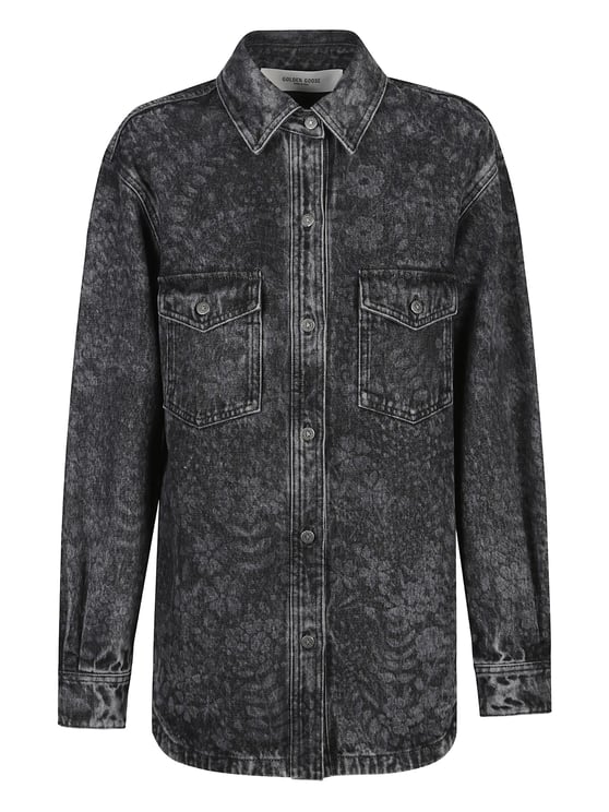 Golden Goose Washed Black Denim Floral Pattern Shirt