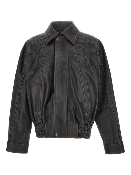 Golden Goose Brown Floral Embroidery Leather Leather Jacket