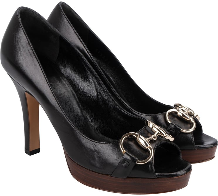 Gucci Gucci Black Leather Horsebit Malaga Peep Toe Platform Pumps (35)