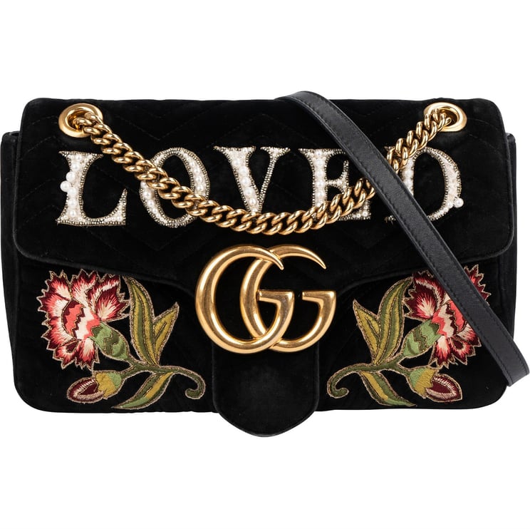 Gucci Gucci Monogram Velvet Small GG Marmont 'Loved' Embroidered Shoulder Crossbody Bag