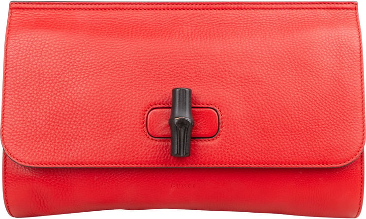 Gucci Gucci Red Pebbled Leather Bamboo Clutch Bag