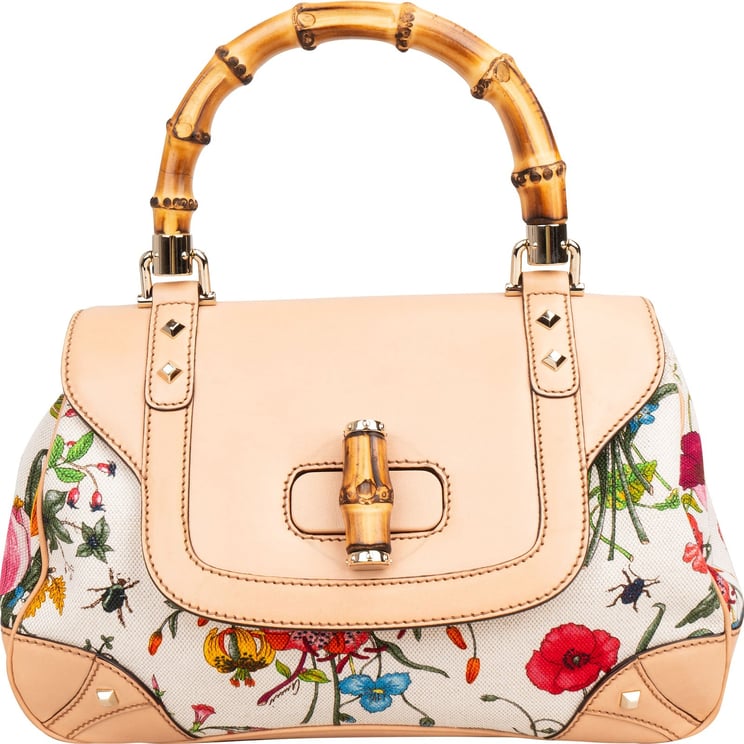 Gucci Gucci Rose Leather Flora Print Canvas Bamboo Top Handle Handbag
