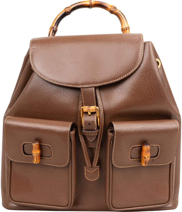 Gucci Gucci Brown Pebbled Leather Bamboo Drawstring Backpack