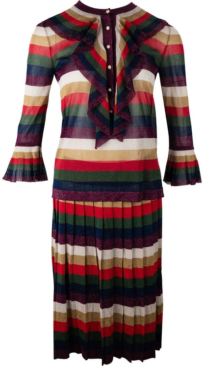 Gucci Gucci Multicolor Striped Glitter Cardigan GG Pearl Buttons Dress Costume Set (M)