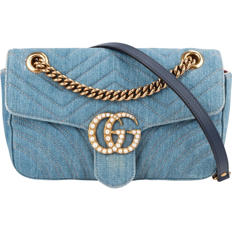 Gucci Gucci Denim Matelassé Denim Pearl GG Marmont Crossbody Bag