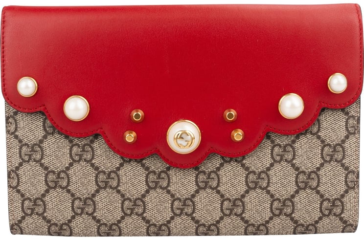 Gucci Gucci Monogram GG Supreme Pearl Studded Wallet Clutch