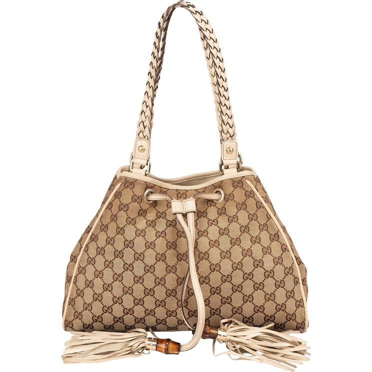 Gucci Gucci Monogram GG Canvas Bamboo Tassel Tote Shoulder Bag