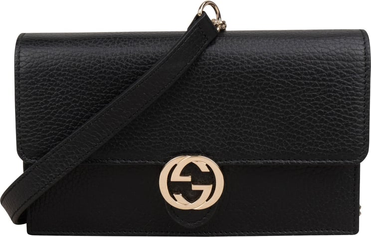 Gucci Gucci Black Leather Interlocking GG Wallet On Chain Crossbody Bag